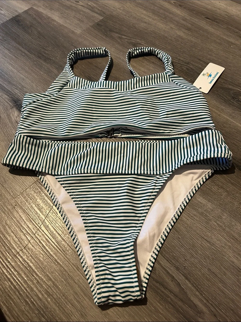 Striped Green and White women’s Two-Piece Swim Set